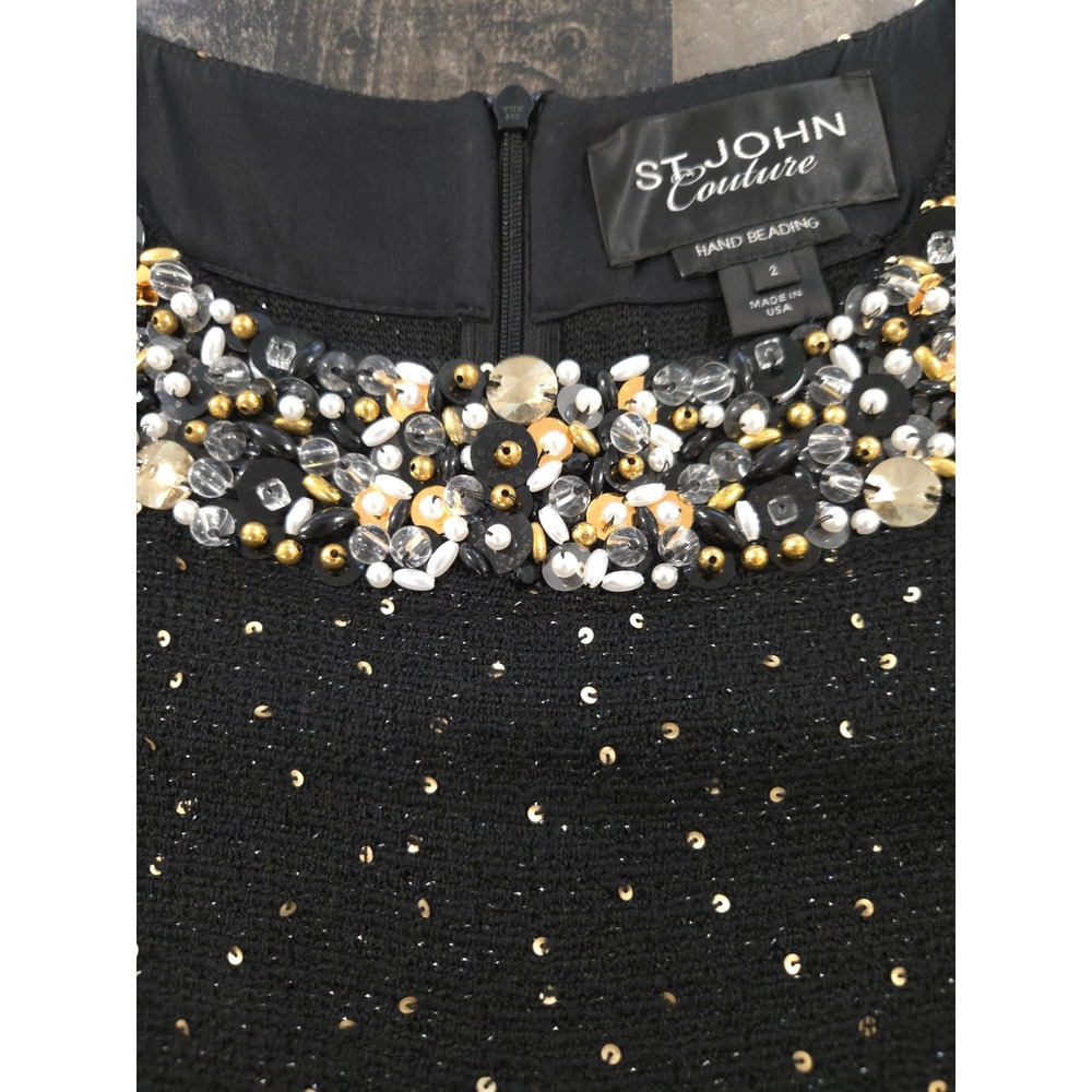 St John Couture Black Sequin Santana Knit Hand Beaded Dress Size 2 Made in USA - Picture 4 of 16